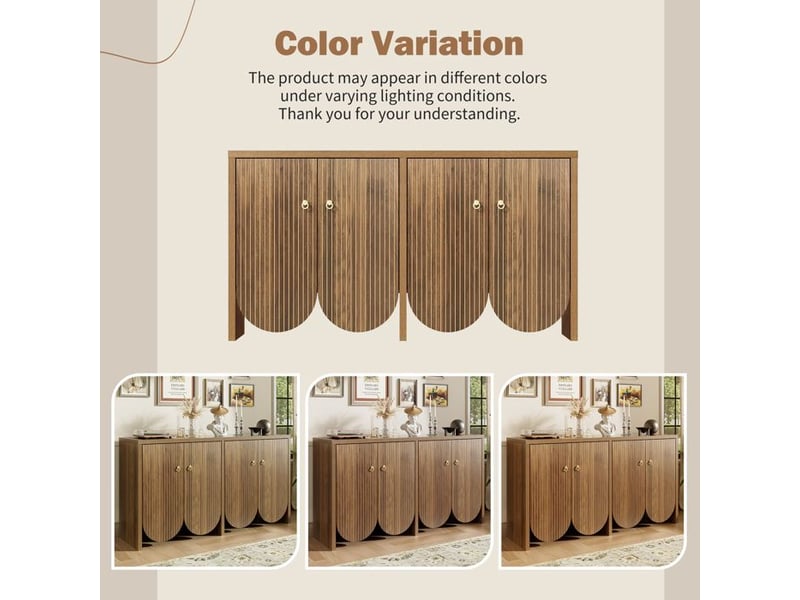 Buffet en bois - aspect noyer - dimensions 147x40x80 cm - 4 portes avec étagères réglables - poignées en aluminium naturel - Conforama E