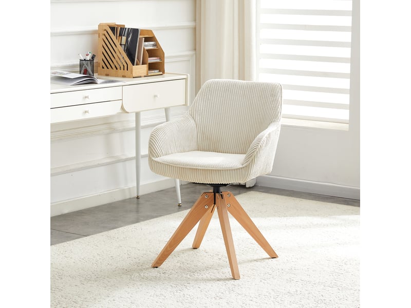  Chaises salle à manger pivotantes 2 pièces 56x44x84 cm, accoudoirs, rotation 360°, piètement bois, tissu velours rayé blanc crème  - Conforama E