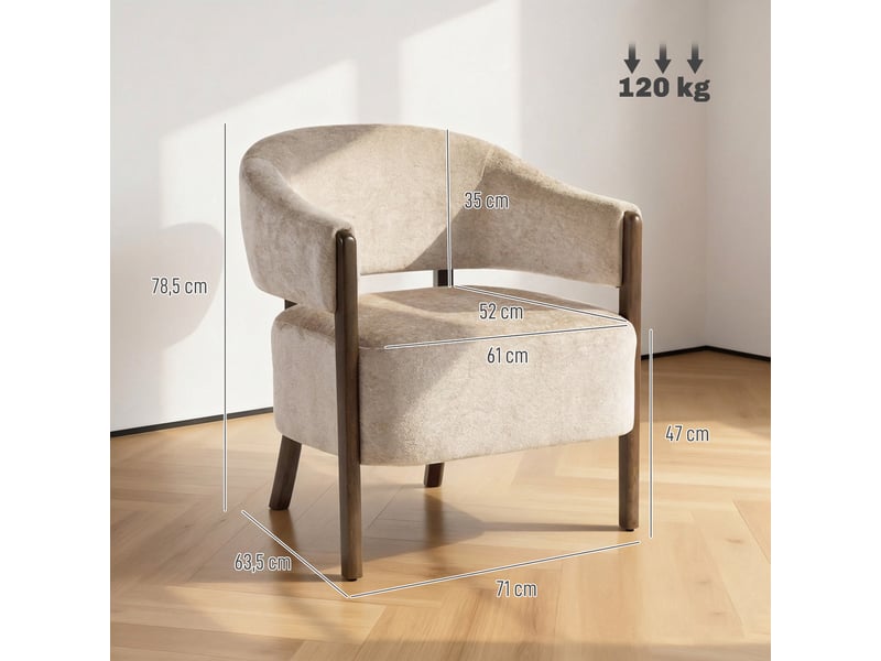  Fauteuil de salon en chenille, chaise rembourrée, assise large, dossier ergonomique, 71x63,5x78,5cm, accoudoirs, beige  - Conforama C