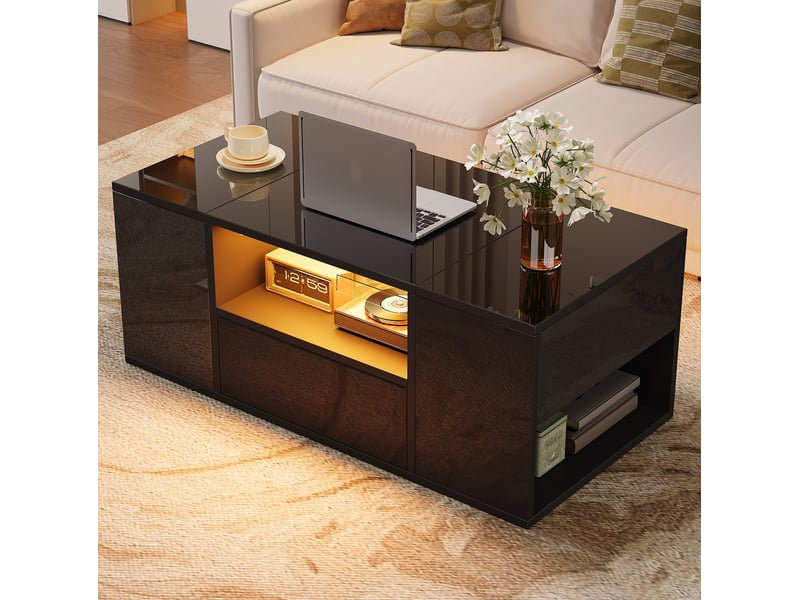  Table basse avec 1 tiroir, 2 portes et 6 niches de rangement, led, finition brillante, pour salon, 100 × 50 × 40 cm  - Conforama C