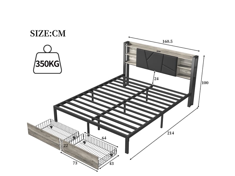Lit 160x200 avec 2 tiroirs, lit double avec éclairage led & ports usbtype-c, lit adulte, tête de lit avec rangement, noir - Conforama E
