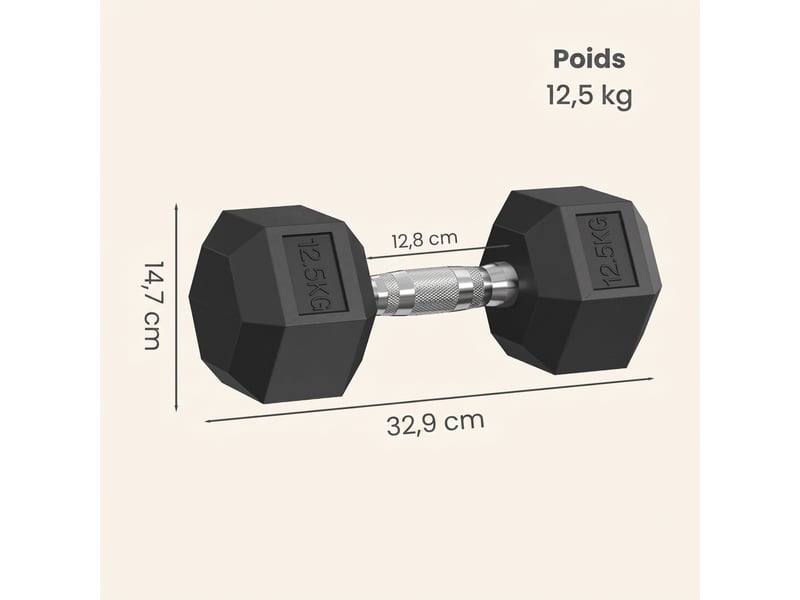  Haltère musculation hexagonal en fonte, revêtement pvc antidérapant, 32,9 x 14,7 x 12,7 cm, noir  - Conforama D