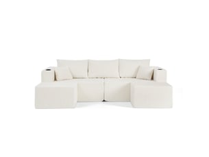 Canapé d'angle modulable 3 places en velours côtelé beige, avec 2 poufs, porte-gobelets, rangements, 300 kg