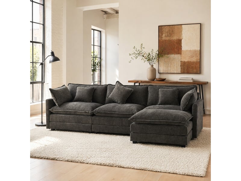  Canapé d'angle réversible 3 places avec pouf mobile et coussin lombaire, en chenille gris foncé 283 × 147 × 84 cm  - Conforama C
