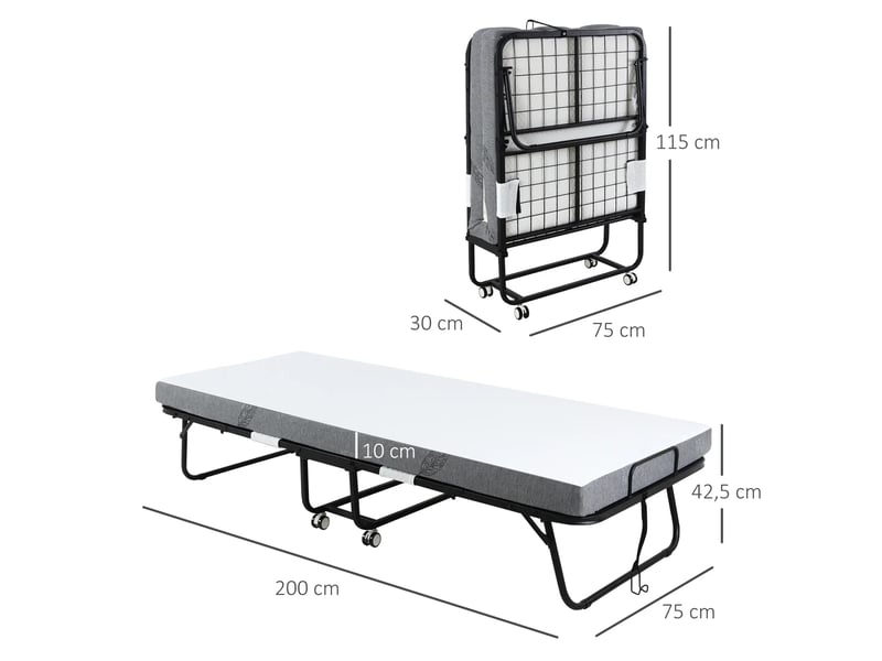  Lit d'appoint pliant,200x75x42,5 cm,avec roulettes,acier,blanc et noir  - Conforama C