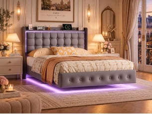 Lit 2 places - gris - led et tête de lit capitonnée avec étagère
