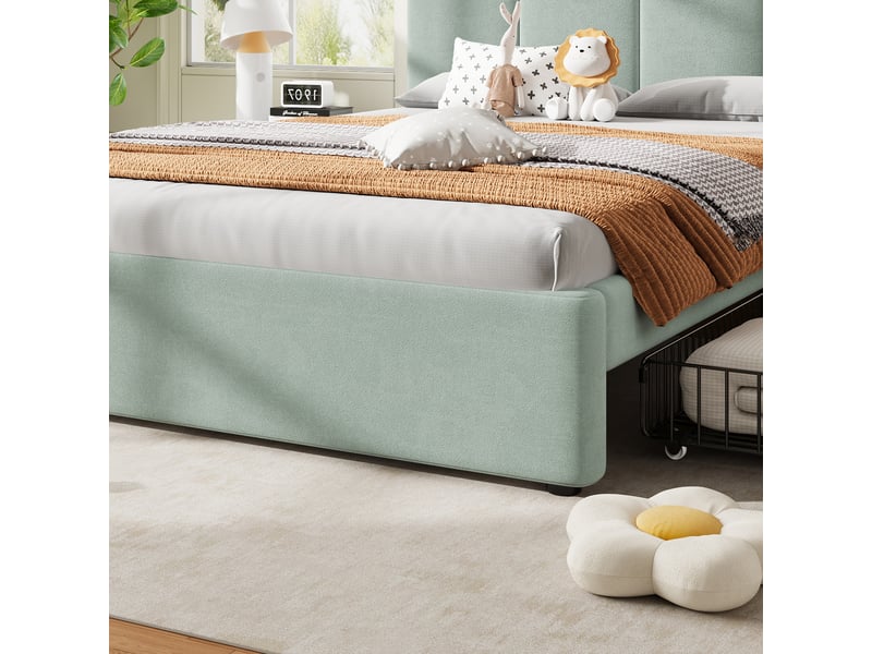 Lit rembourré 140 x 200 cm vert clair en velours, quatre tiroirs latéraux et tête de lit arquée - Conforama E