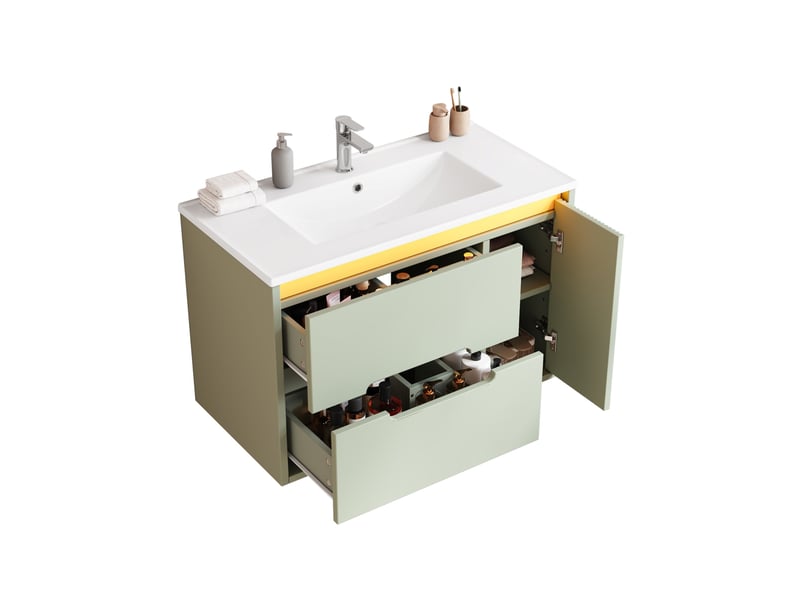  Meuble sous vasque suspendu avec 2 tiroirs, porte, étagères réglables, led pour salle de bain vert 81 × 47 × 51 cm  - Conforama A