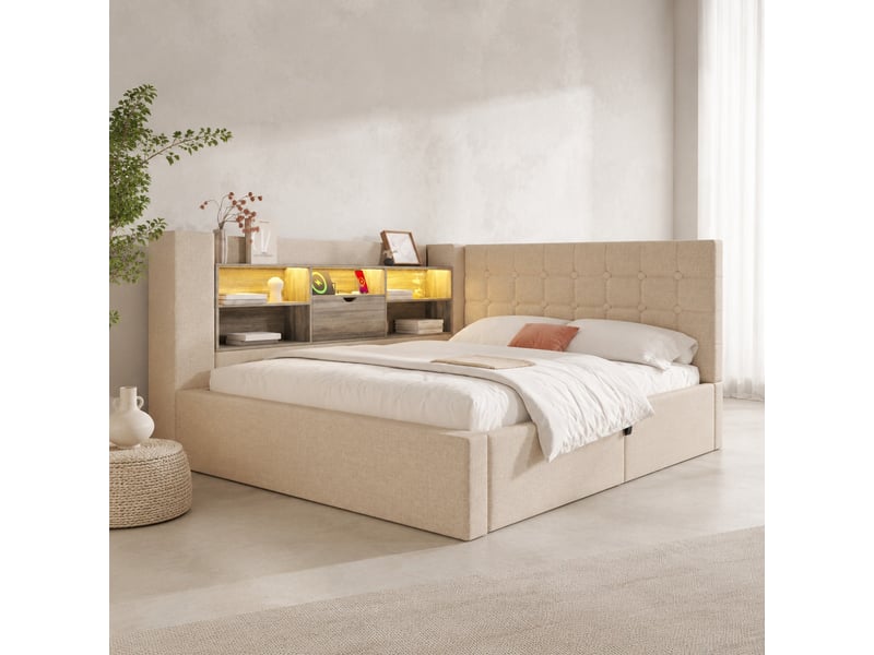  Lit coffre 140 x 190 cm beige avec tête de lit en l, led et ports de charge  - Conforama C