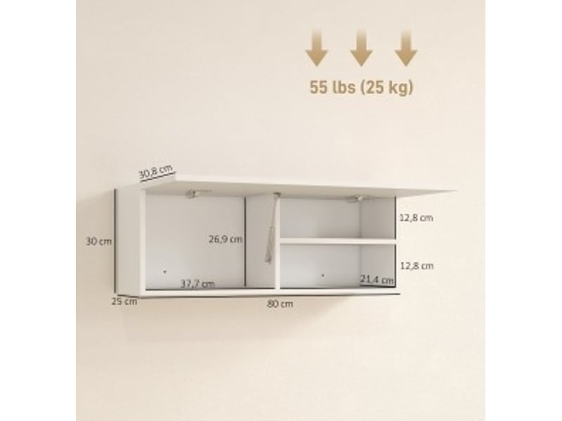 Meuble de salle de bain mural 80 x 25 x 30 cm – blanc – porte relevable à vérin, rangement sans poignée - Conforama C