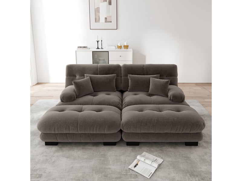 Canapé modulaire confortable avec dossier profond, coussins lombaires et ottomans, en chenille, marron - Conforama C