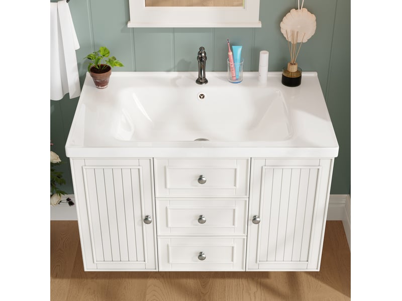  Meuble sous vasque suspendu avec 3 tiroirs, placard et vasque en céramique pour salle de bain blanc 78,5 × 46 × 46,8 cm  - Conforama D