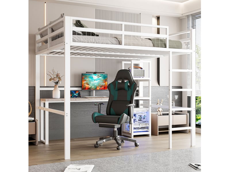 Lit mezzanine 140 x 200 cm en métal avec bureau, étagères, usb-c, blanc - Conforama D