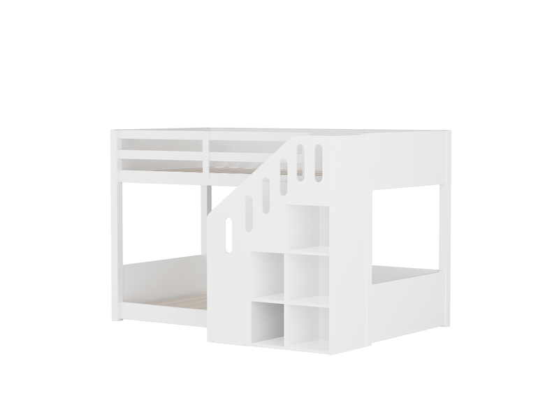 Lit superposé enfant double 90x200cm blanc avec escalier de rangement, casiers, garde-corps sécurisé, lit multifonction sans matelas - Conforama E