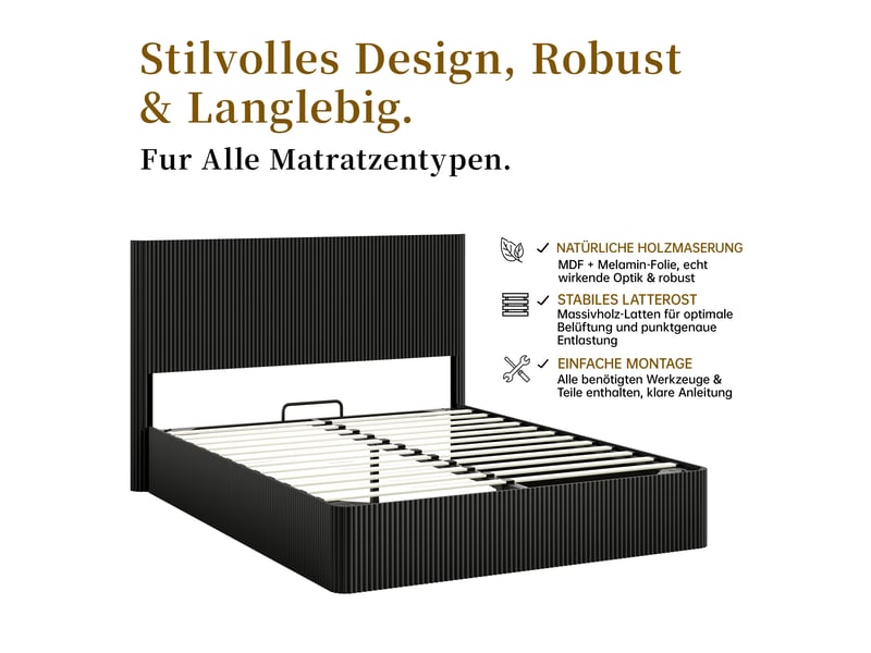  Lit double 160 x 200 cm avec sommier à lattes, lit 2 personnes — noir, lit double à vérins avec espace de rangement  - Conforama W