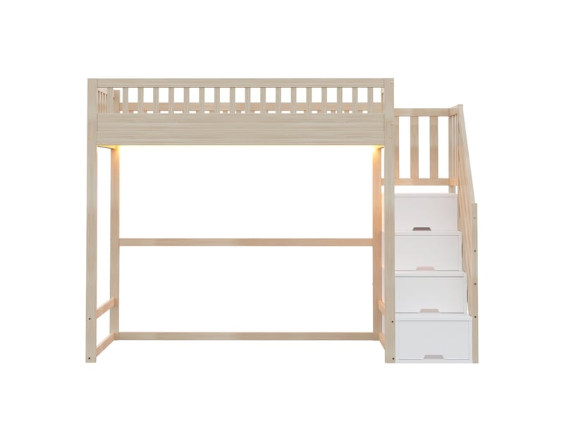  Lit mezzanine pin massif 90x200 cm échelle sécurité barrières led échelle interchangeable côté lit enfant bois  - Conforama A