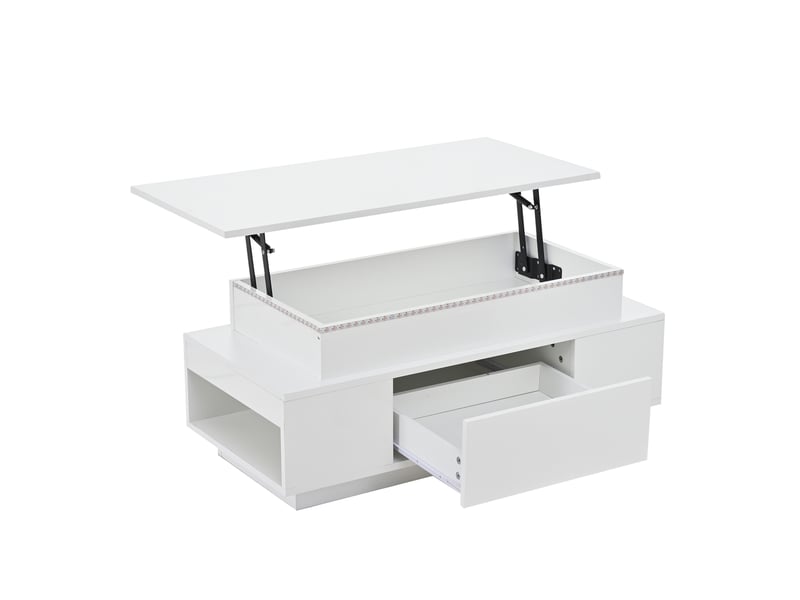 Table basse réglable en hauteur avec rangement dissimulé et tiroir, 96 x 45 x 40 cm, finition laquée brillante, table d'appoint avec éclairage led, idéale pour le bureau, le séjour ou les réceptions, blanche. - Conforama D