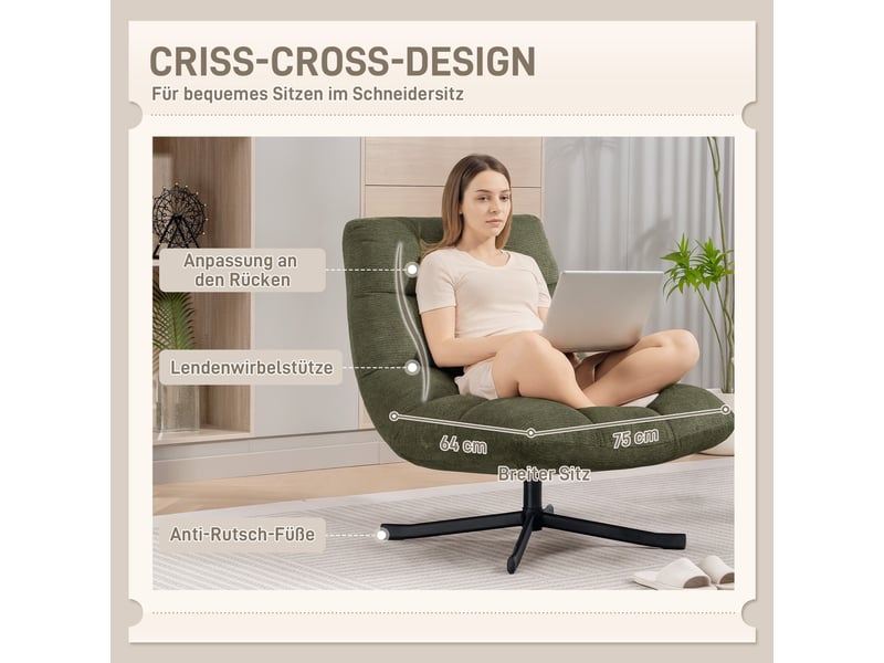  Fauteuil pivotant à 360° en tissu chenille et acier vert 95 x 75 x 90 cm  - Conforama D