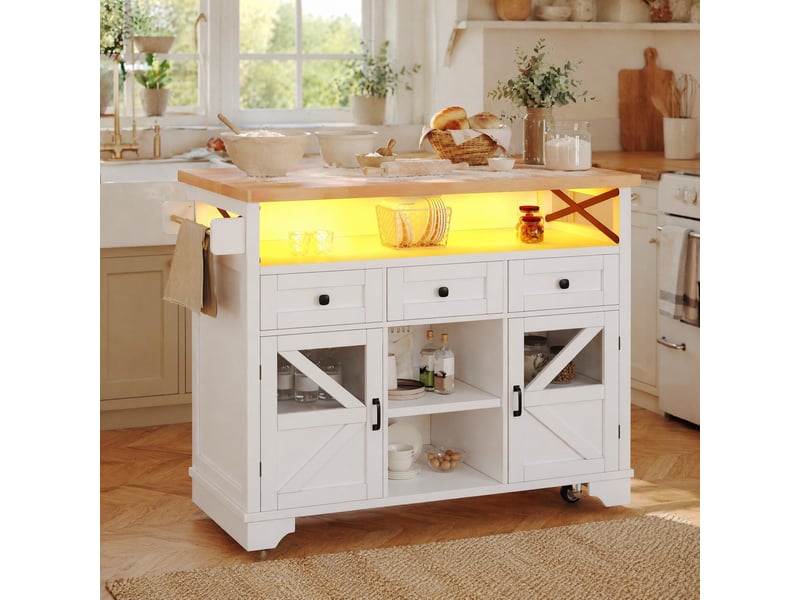 Desserte de cuisine 120x43-71x98 cm, 3 tiroirs, plateau rabattable, mdf et métal, meuble cuisine, couleur blanc et bois - Conforama B