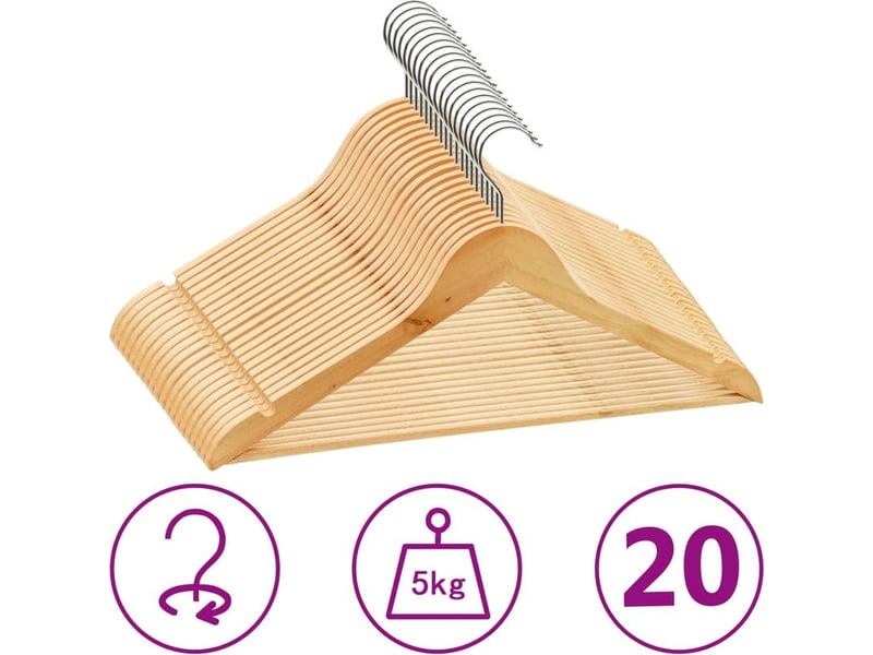  Vidaxl – cintres antidérapants en bois dur – lot de 20 – crochets rotatifs 360° – rainures anti-glisse pour vêtements  - Conforama A