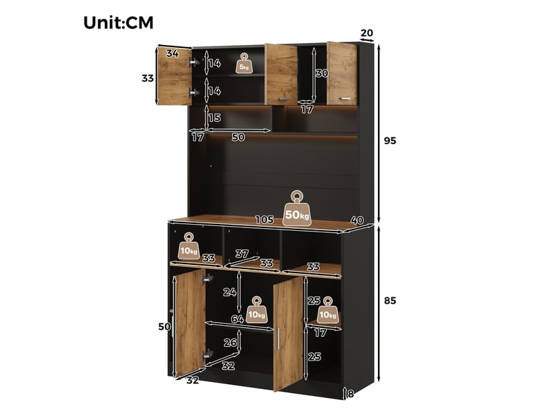  Armoire colonne cuisine 105x40x180 cm noir bois avec led rgb, 5 portes, étagères réglables, vitrine de rangement moderne pour salon et cuisine  - Conforama D