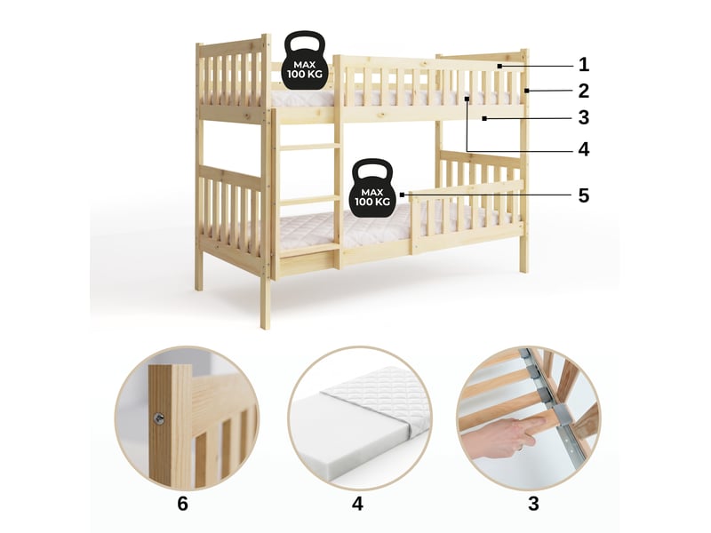  Lit superposé séparable 90x190 cm quba interbeds - bois massif de pin avec barrière, sommier, tiroir - pin naturel blanc  - Conforama E