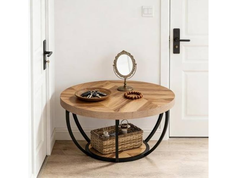  Table basse ronde 2 niveaux ø80 cm en bois et métal, structure à 6 arcs  - Conforama E