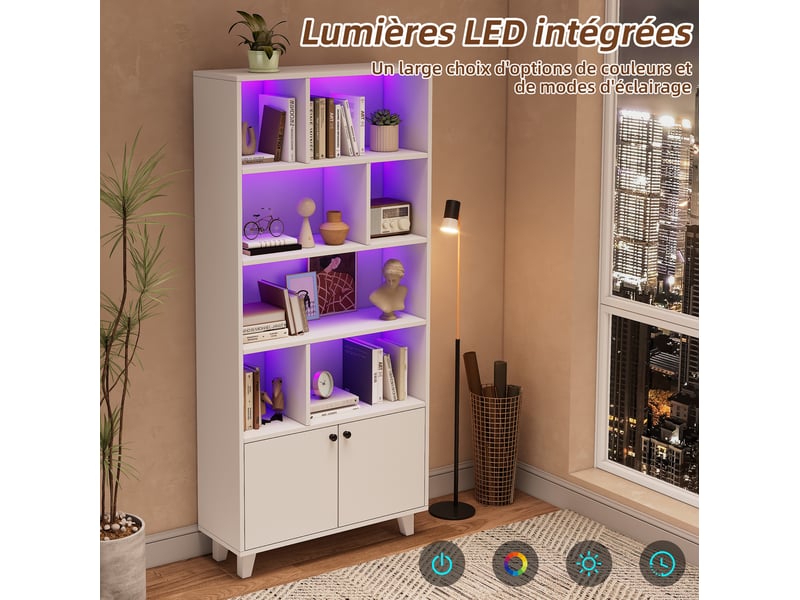  Bibliothèque 80x30x173 cm, led, armoire de rangement, meuble de bureau, 2 portes, pieds en bois, mdf et bois, blanc  - Conforama D