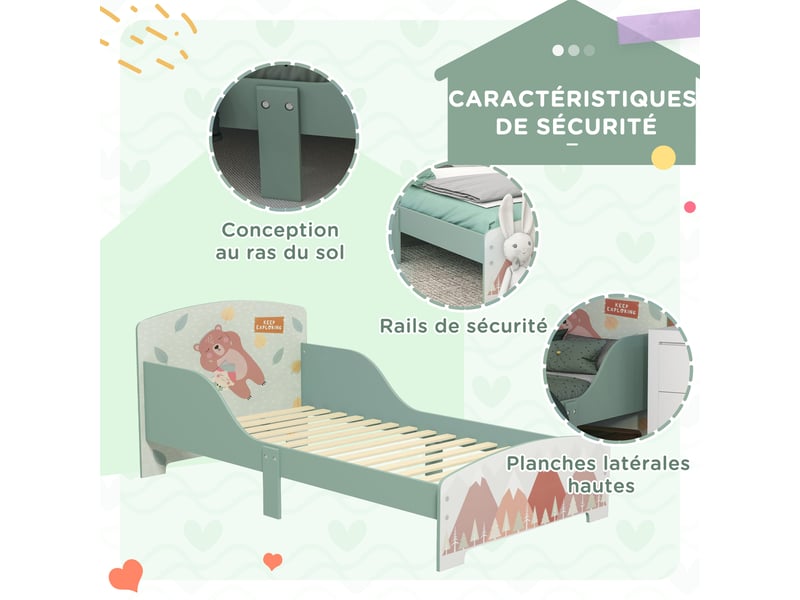  Lit pour enfant 3-6 ans avec barrières de sécurité et motifs dim. 77 x 143 x 60 cm sommier à lattes inclus - vert  - Conforama E