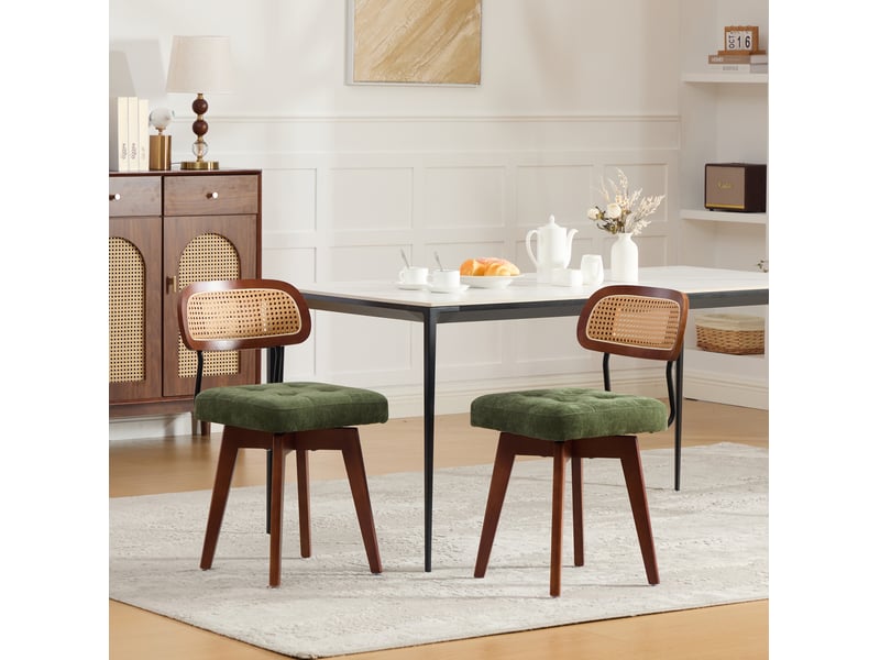  Lot de 2 chaises pivotantes 43 x 50 x 77 cm – vert – dossier rotin tressé et assise chenille  - Conforama E