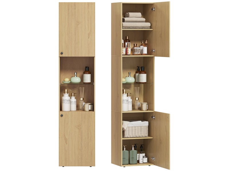  Meuble de salle de bain étroit avec 6 étagères, 2 portes, compartiments ouverts, étagère en verre de sécurité, étagères réglables, chêne  - Conforama A