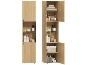 Meuble de salle de bain étroit avec 6 étagères, 2 portes, compartiments ouverts, étagère en verre de sécurité, étagères réglables, chêne