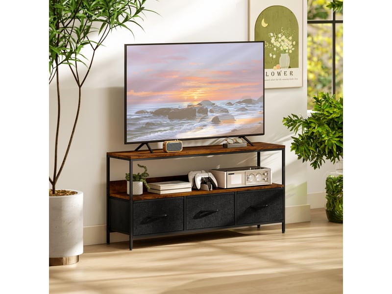  Meuble tv, meuble télé pour téléviseur jusqu'à 55 pouces avec 3 tiroirs et pieds en acier 120 x 29 x 56 cm brun rustique  - Conforama A