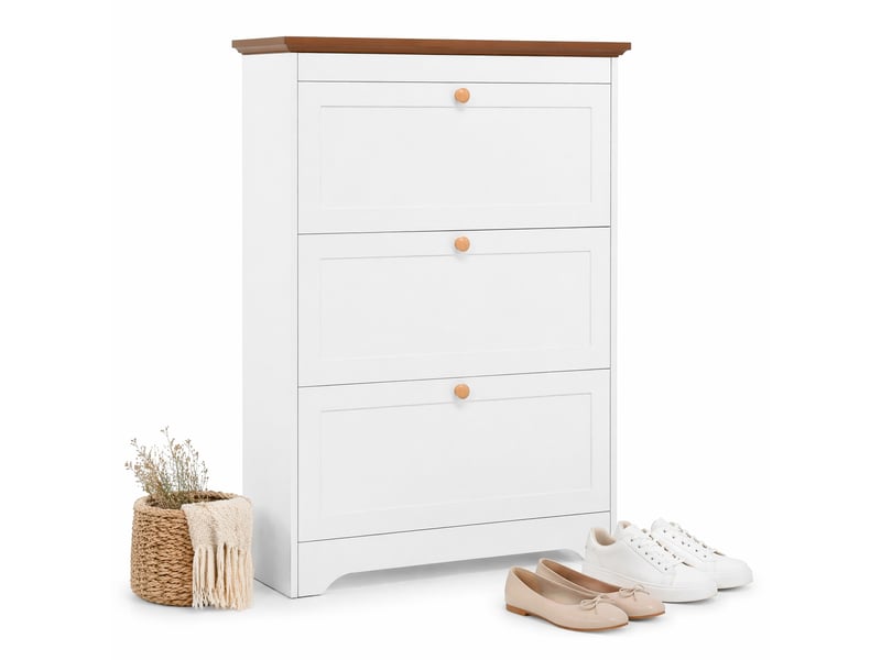  Meuble à chaussures avec 3 abattants amortis et plateau de rangement pour entrée, en mdf blanc, 87 × 26 × 120 cm  - Conforama A