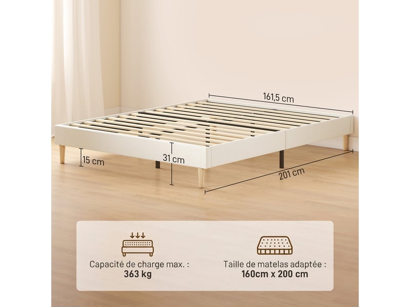  Cadre de lit 160 x 200 cm avec sommier, lit double rembourré en velours côtelé, espace de rangement au-dessous, crème  - Conforama C