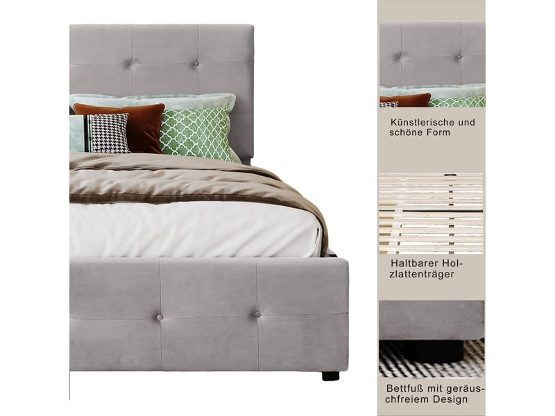  Lit double 140 x 200 cm gris en velours, tiroirs de rangement, lattes et dossier confortable, sans matelas  - Conforama D