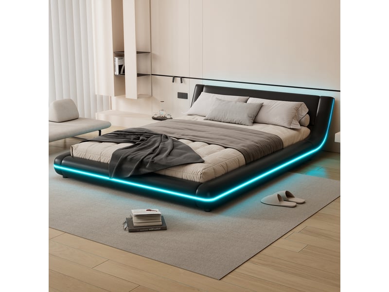  Lit plat au sol 140*200cm, éclairage led d'ambiance, design noir en pu, style moderne, chambre épurée  - Conforama C
