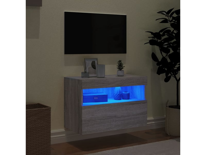  Meuble tv - banc tv - meuble de rangement mural avec lumières led sonoma gris 60x30x40 cm  - Conforama D