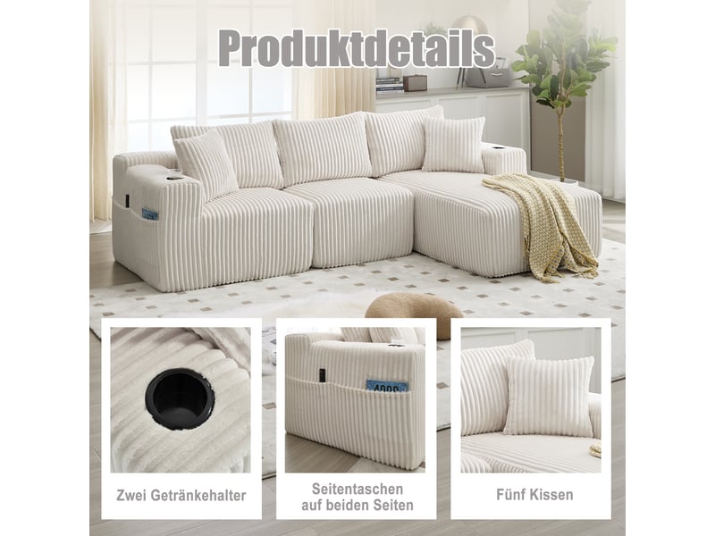  Canapé modulable 3 places en velours côtelé beige W2845S00163 - Conforama D