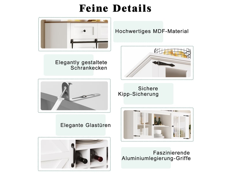 Buffet de cuisine haut 105x38x180 cm, meuble vaisselier blanc en mdf avec portes vitrées et éclairage led intégré  - Conforama D