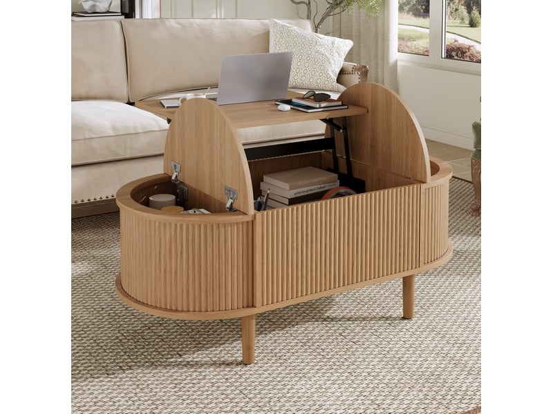  Table basse ovale 100x48x53,5 cm réglable avec rangement mdf et bois chêne  - Conforama E
