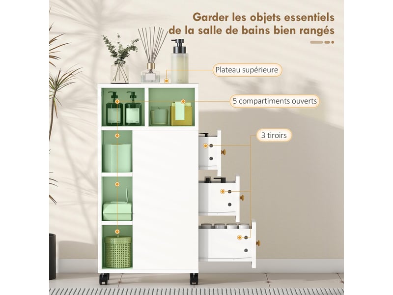  Meuble de salle de bain à roulettes, meuble de rangement étroit, 3 tiroirs, 5 compartiments ouverts, blanc,  20x40x80cm  - Conforama A