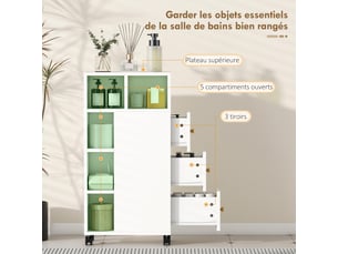Meuble de salle de bain à roulettes, meuble de rangement étroit, 3 tiroirs, 5 compartiments ouverts, blanc,  20x40x80cm
