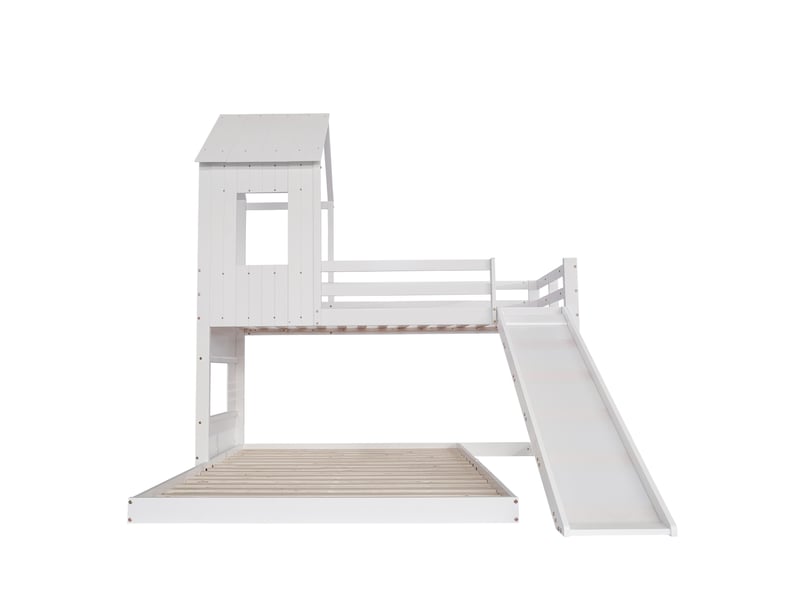  Lit superposé avec toboggan, lit cabane, lit enfant, avec barrière de sécurité, fenêtre et toit, avec échelle à trois marches, pin et mdf, blanc, 90 x 200 cm et 140 x 200 cm  - Conforama D