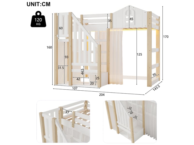  Lit mezzanine enfant 90 x 200 cm avec led, escalier de rangement, blanc naturel  - Conforama C