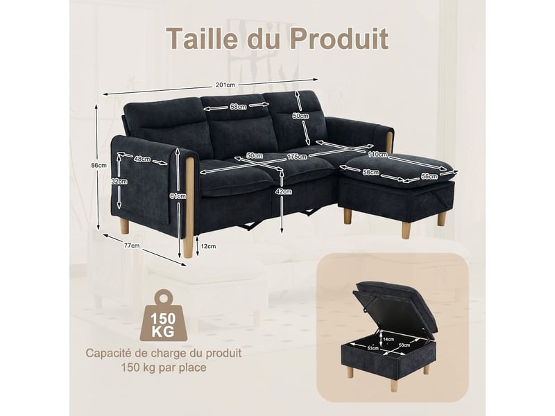  Canapé d'angle 3 places réversible avec rangement 201 cm canapé pour petits espaces en chenille noir  - Conforama C