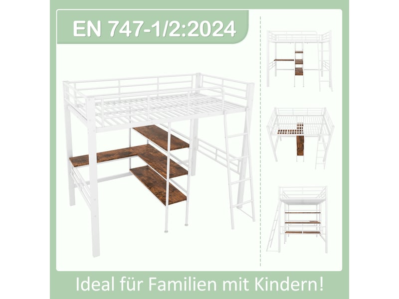 Lit mezzanine 90x200 en métal blanc, lit avec bureau intégré et étagères de rangement, sommier inclus, pour chambre d'enfant. - Conforama E