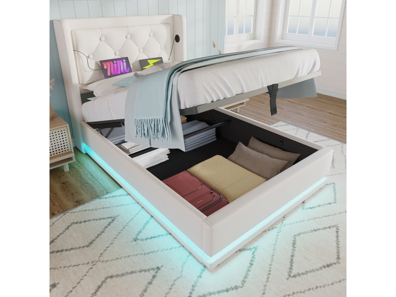  Lit coffre hydraulique 90x200 - lit simple avec fonction de chargement usb type-c et led - pu - sans matelas - blanc  - Conforama B