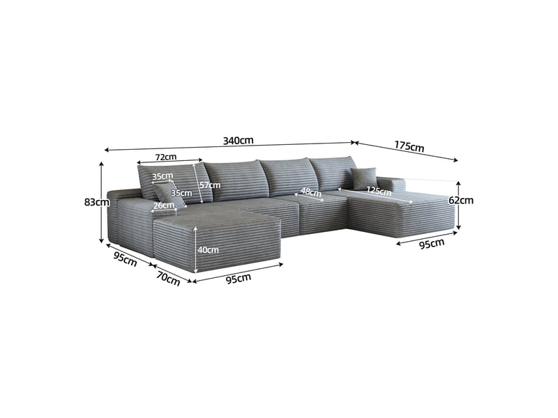 Canapé d’angle modulable 340 x 175 x 83 cm 4 places avec pouf, méridienne en l, assise profonde, sans montage, canapé compressé, gris Bliss Lite - Conforama C