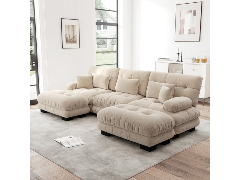  Canapé panoramique en u modulaire avec ottomans et coussins, assise profonde, en chenille café clair  - Conforama D